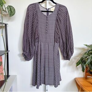 Maeve Gray and Purple Long Sleeve Sundress with Pleated Ruffles